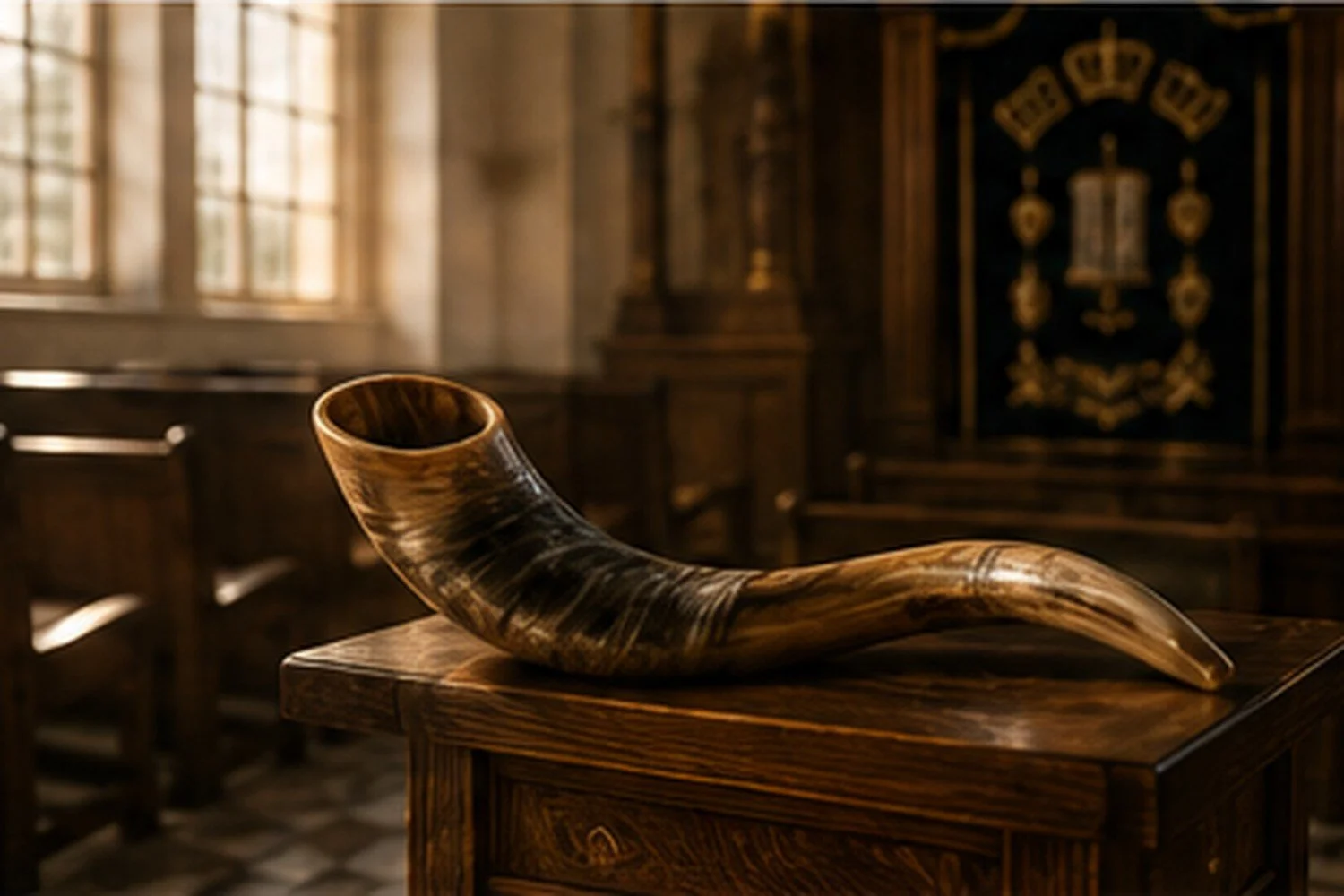 Shofar resting on a wooden surface inside an empty synagogue illuminated by soft morning light, symbolizing the awakening call of Elul.