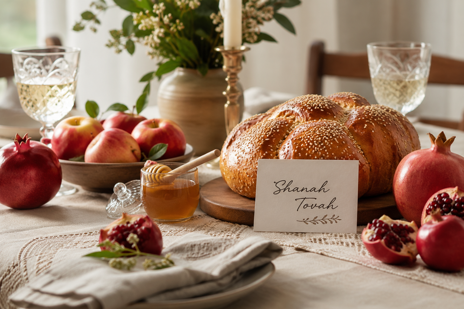 Traditional Rosh Hashanah greetings beside apples, honey, pomegranates and round challah
