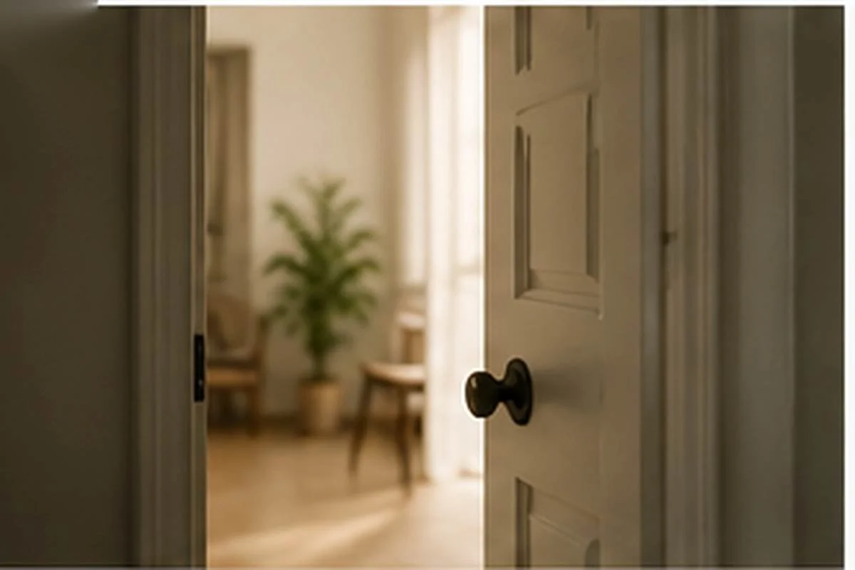 A partially open interior door with warm light beyond it, suggesting forgiveness while preserving a clear boundary.
