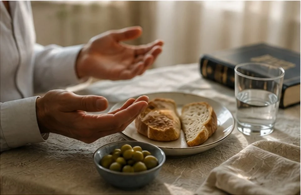 A person pauses with hands raised to make a bracha before eating bread and olives at a simply arranged table.