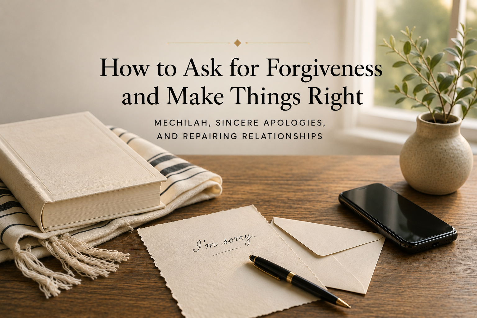 How to Ask for Forgiveness and Make Things Right title over a sunlit table with a blank machzor, tallis, apology note, envelope, pen, and smartphone.