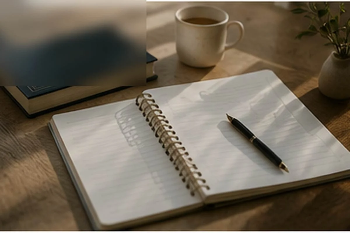 An open notebook and pen beside a calendar, cup, plant, and closed book on a sunlit table.