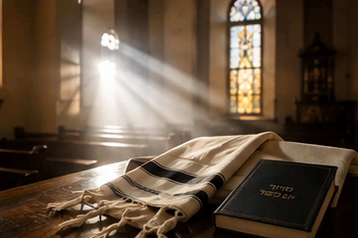 Morning light falls across a folded white tallis and closed machzor inside a quiet synagogue