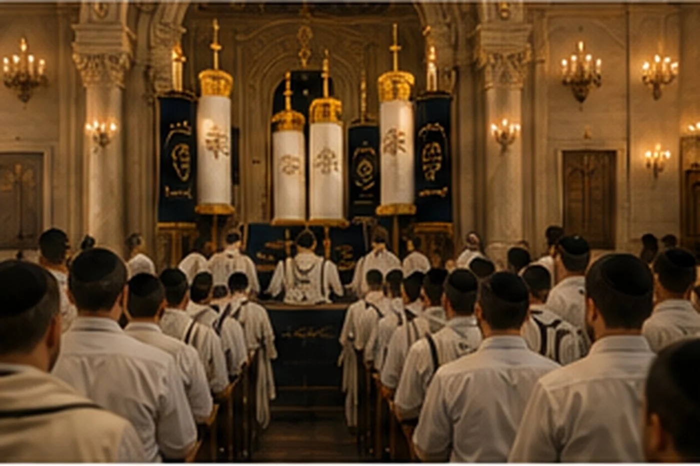 Congregation gathers before an open Aron as Torah scrolls are held for the Kol Nidrei service.