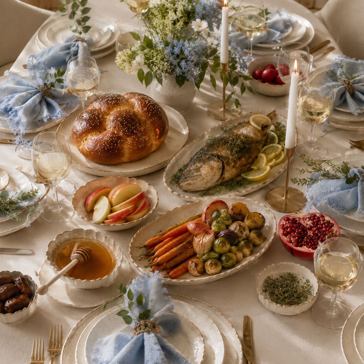 A complete Rosh Hashanah meal featuring traditional and symbolic foods.