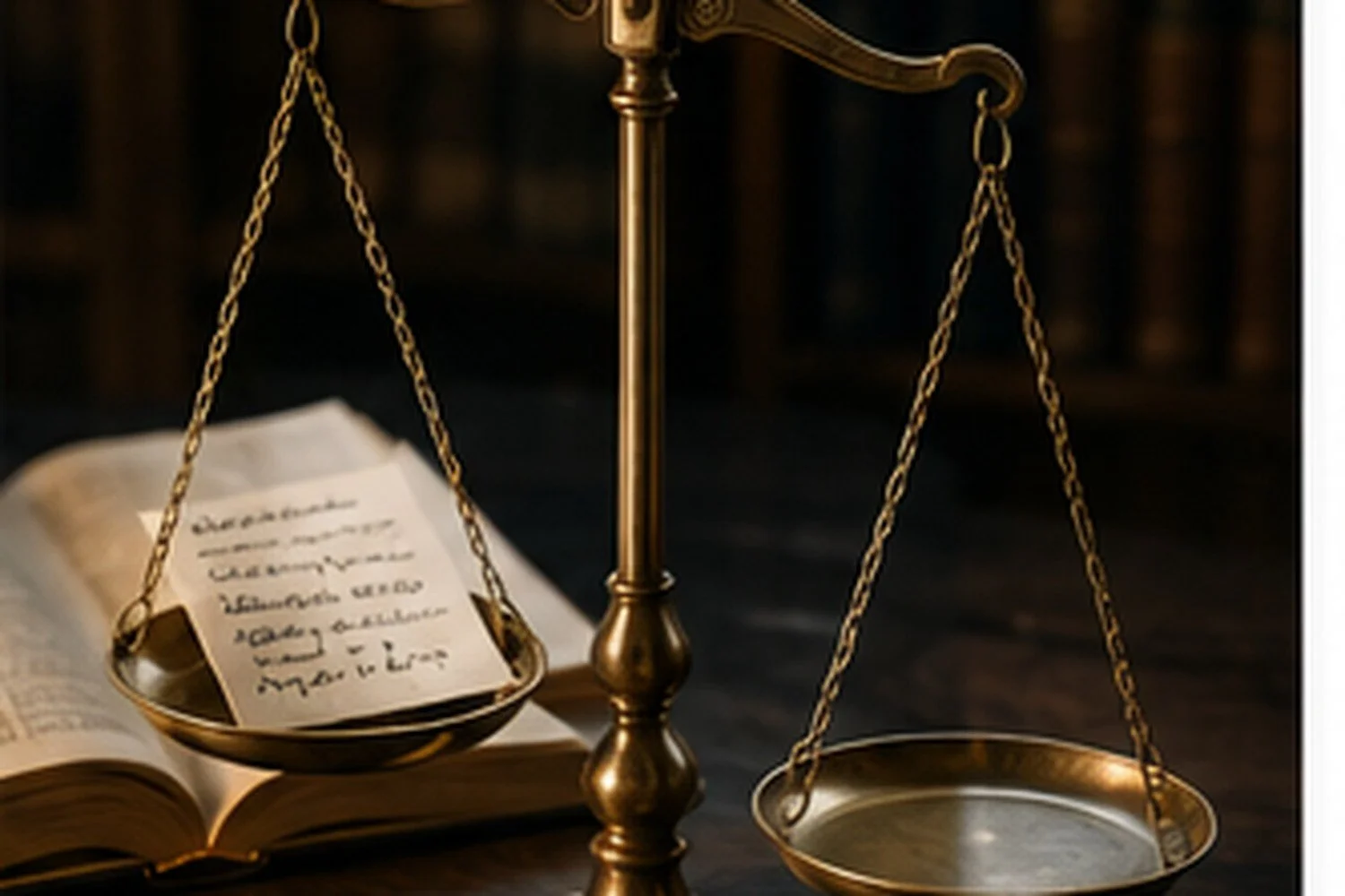 Brass balance scale slightly tilted on a dark wooden desk beside a softly focused sefer, symbolizing personal bias and honest self-judgment.
