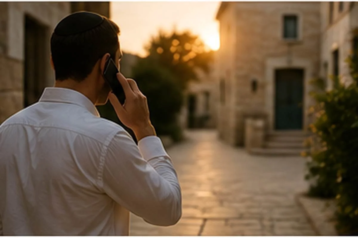 A Jewish man wearing a kippah makes a phone call outside a stone synagogue in the light of sunset.