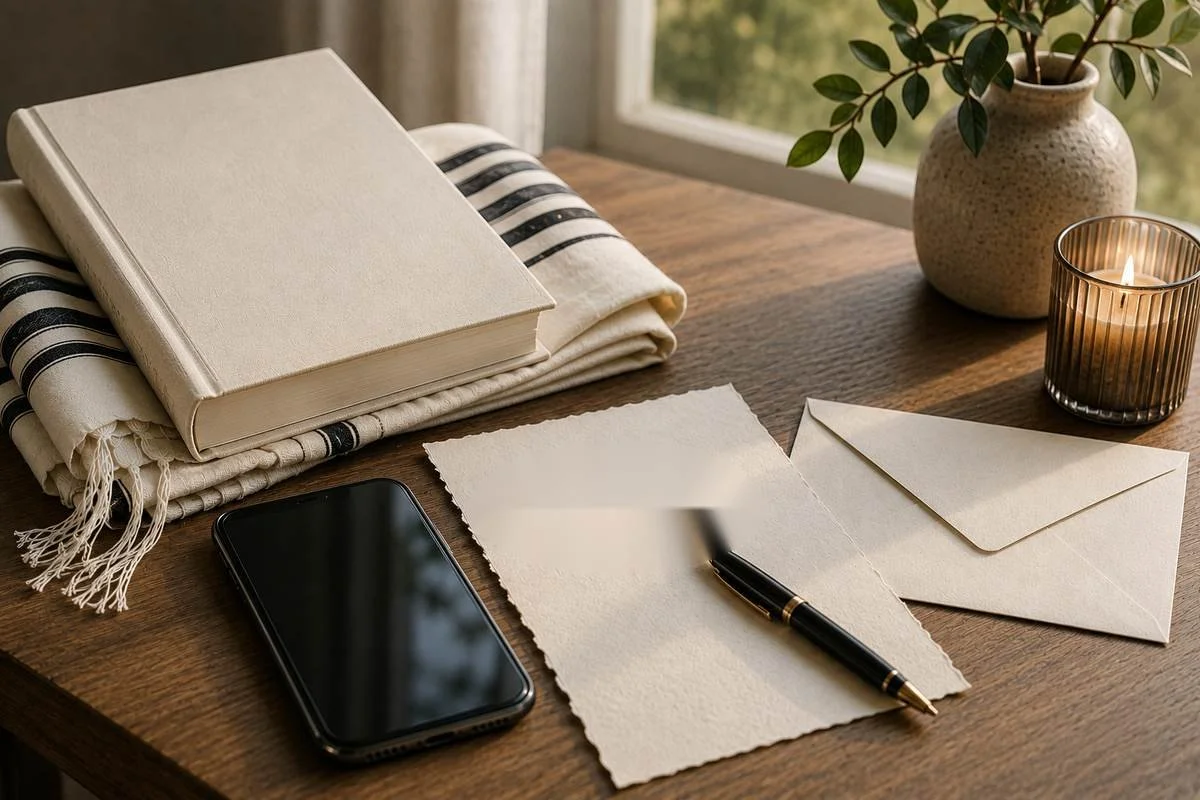 A blank machzor and folded tallis beside a smartphone, stationery, and sealed envelope on a sunlit wooden table.