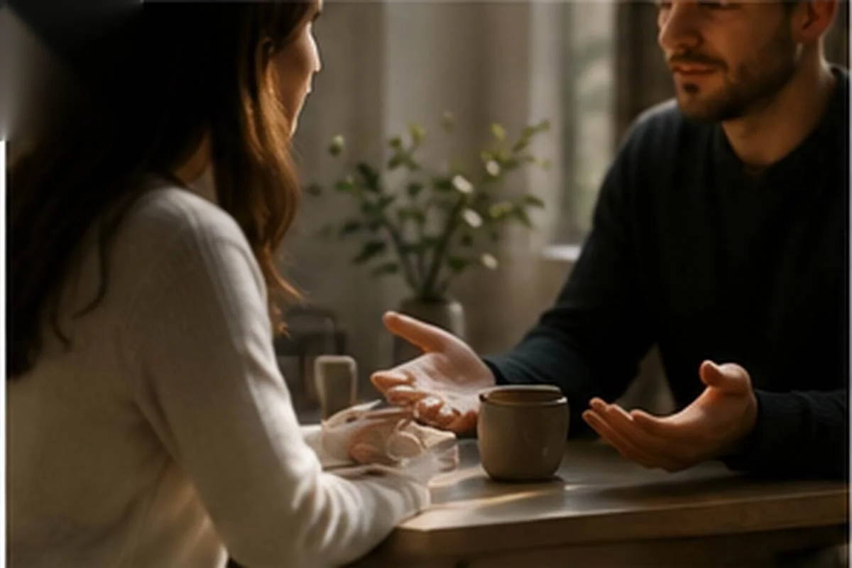 A man and woman having a serious, respectful conversation across a small table.