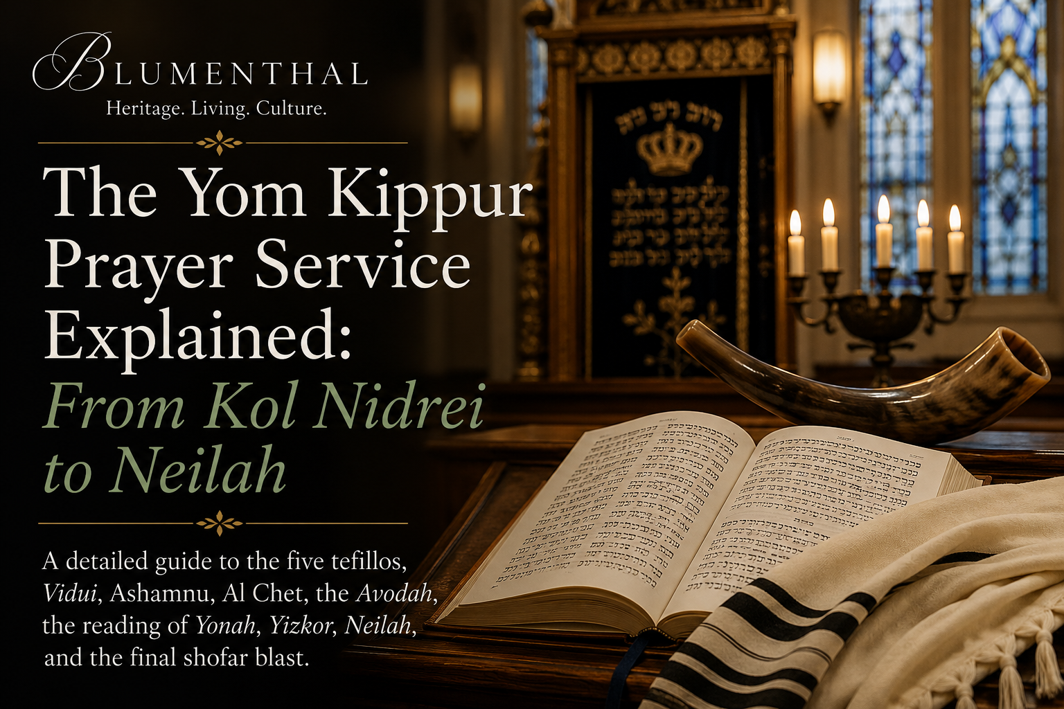 Blumenthal Yom Kippur article cover showing a shofar, open machzor, black-striped tallis, candles, and synagogue Aron beside the title “The Yom Kippur Prayer Service Explained: From Kol Nidrei to Neilah.”