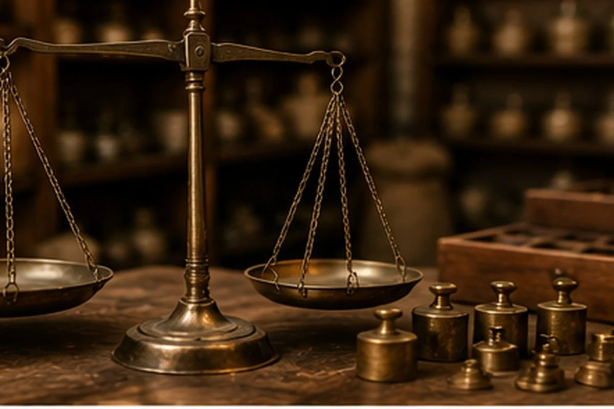 Antique balance scales surrounded by brass weights on a merchant’s wooden counter.