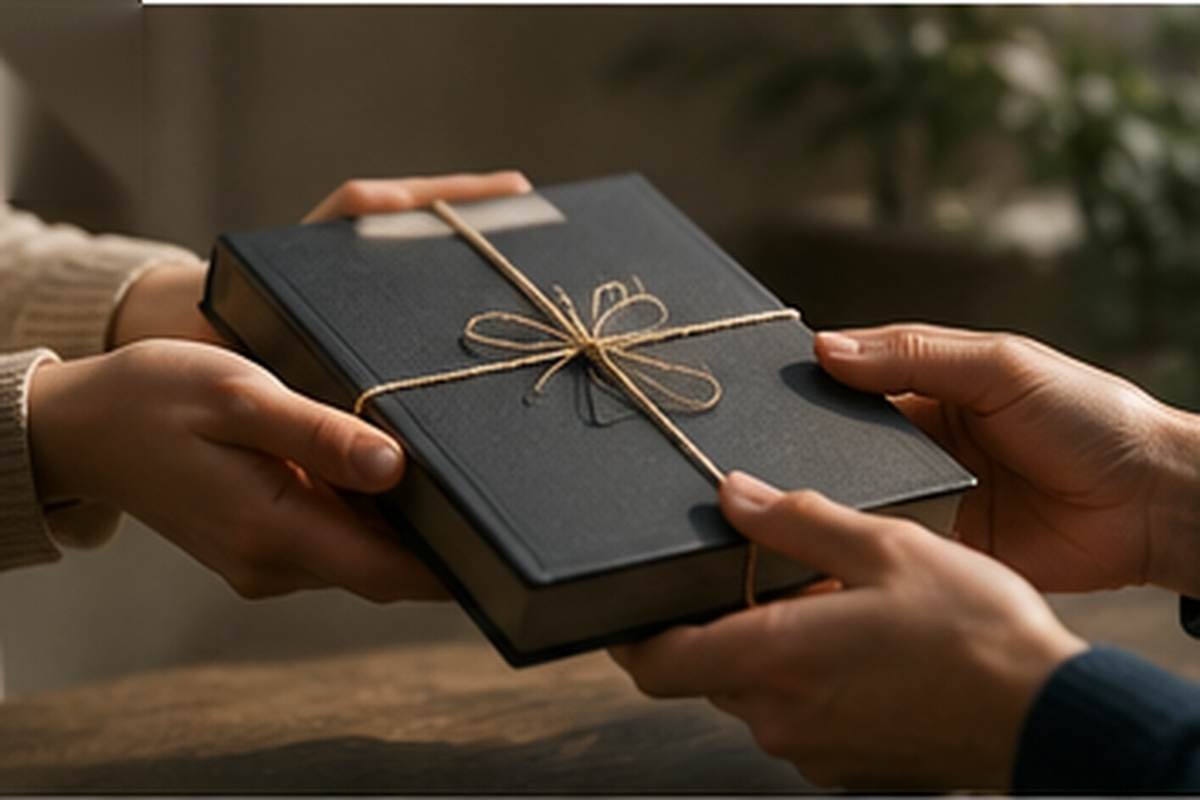 Two people exchanging a carefully wrapped item as a gesture of restitution and responsibility.