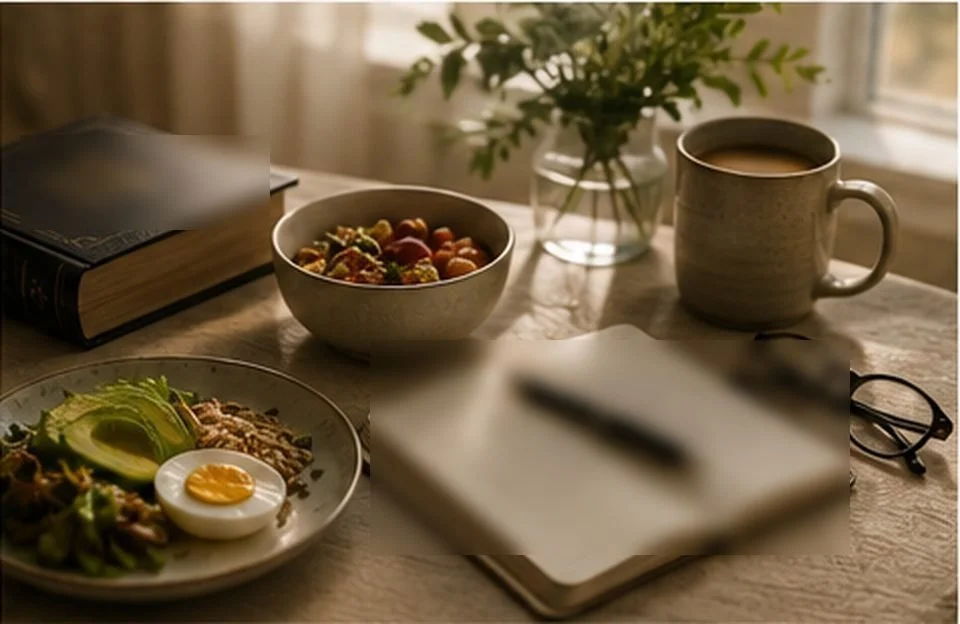 A nourishing breakfast beside a closed sefer, an open notebook, reading glasses, and a warm drink in soft morning light.