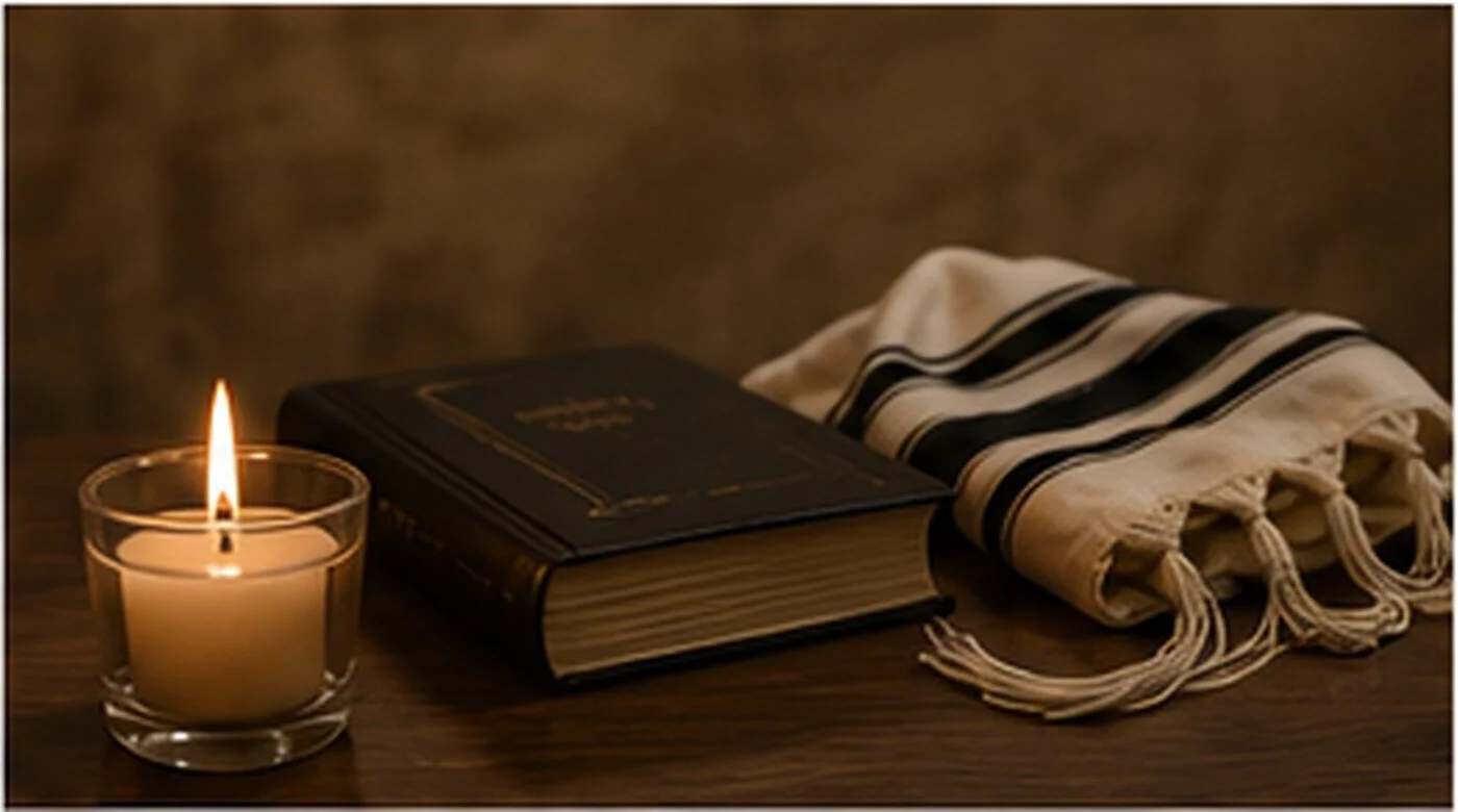 Memorial candle burning beside a closed machzor and folded black-striped tallis during Yizkor.
