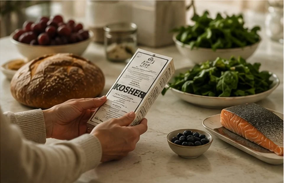 A person carefully checks a kosher food label beside bread, salmon, herbs, fruit, and other kitchen ingredients.