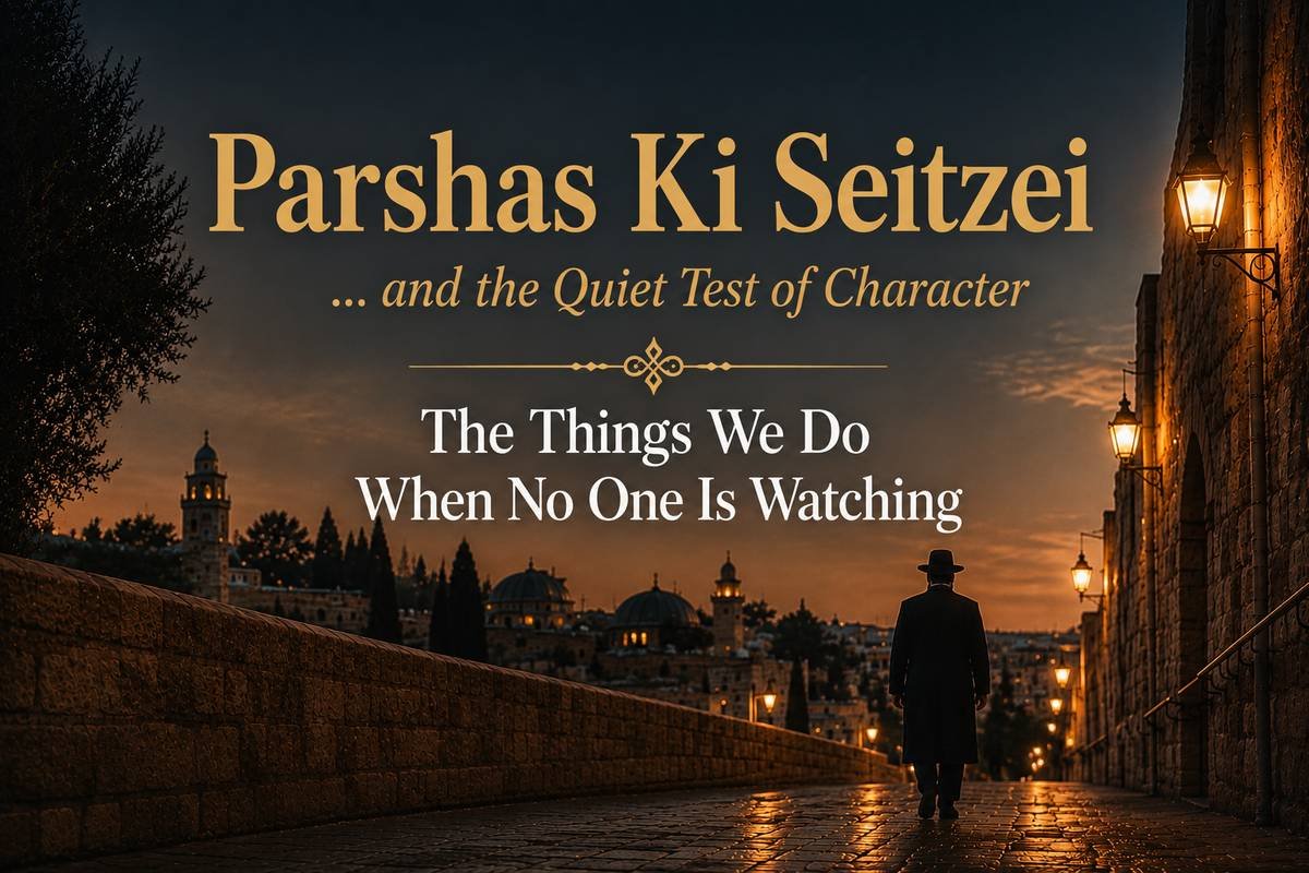 A solitary Orthodox Jewish man walks along a lantern-lit stone street at dusk beneath the title “Parshas Ki Seitzei — The Things We Do When No One Is Watching.”