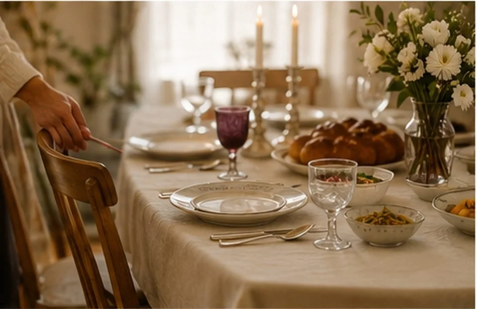 A welcoming Shabbos table with challah, candles, serving dishes, and an additional place being prepared for a guest.