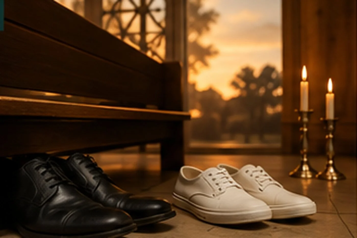 Leather shoes set aside beside white canvas shoes as Yom Kippur candles glow before sunset.