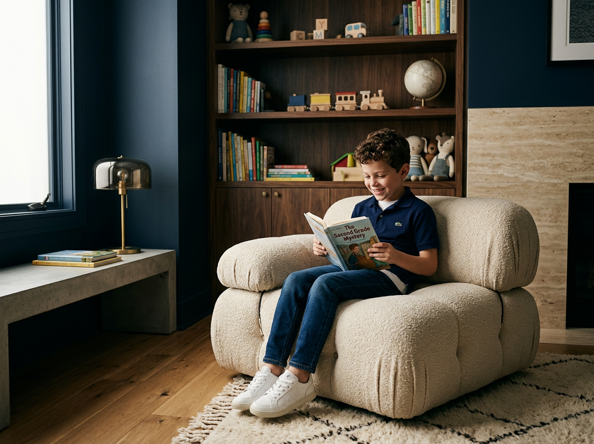 A young boy with curly hair wearing a navy blue polo shirt and white sneakers sitting on a beige plush armchair, happily reading a book titled 'The Second Grade Mystery' in a cozy home library. In the background, dark wood bookshelves filled with toys, stuffed animals, and books are visible, along with a globe on the shelf. There is a window with natural light, a small stack of books on a concrete side table, and a textured rug on wood flooring.