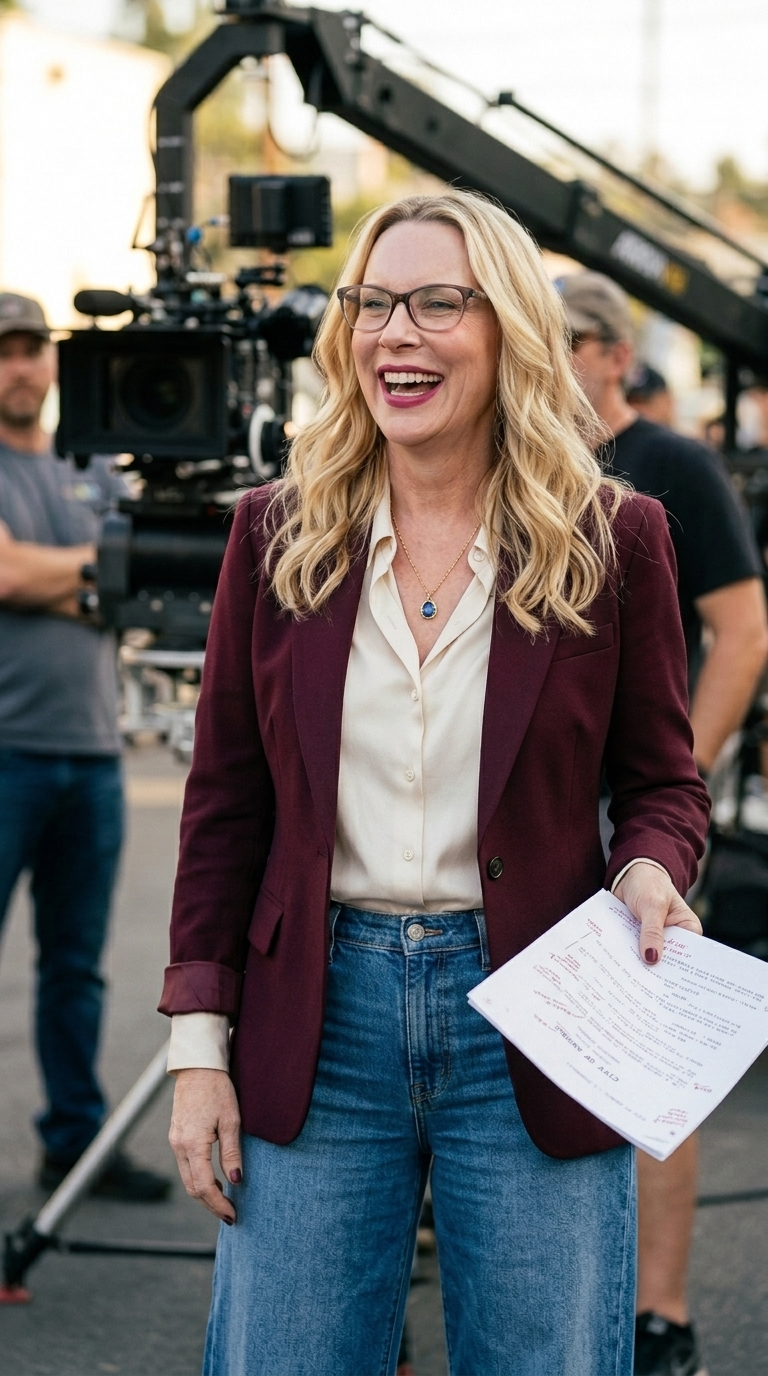 A woman with blonde hair and glasses smiling on a film set, holding a script, with crew and camera equipment in the background.