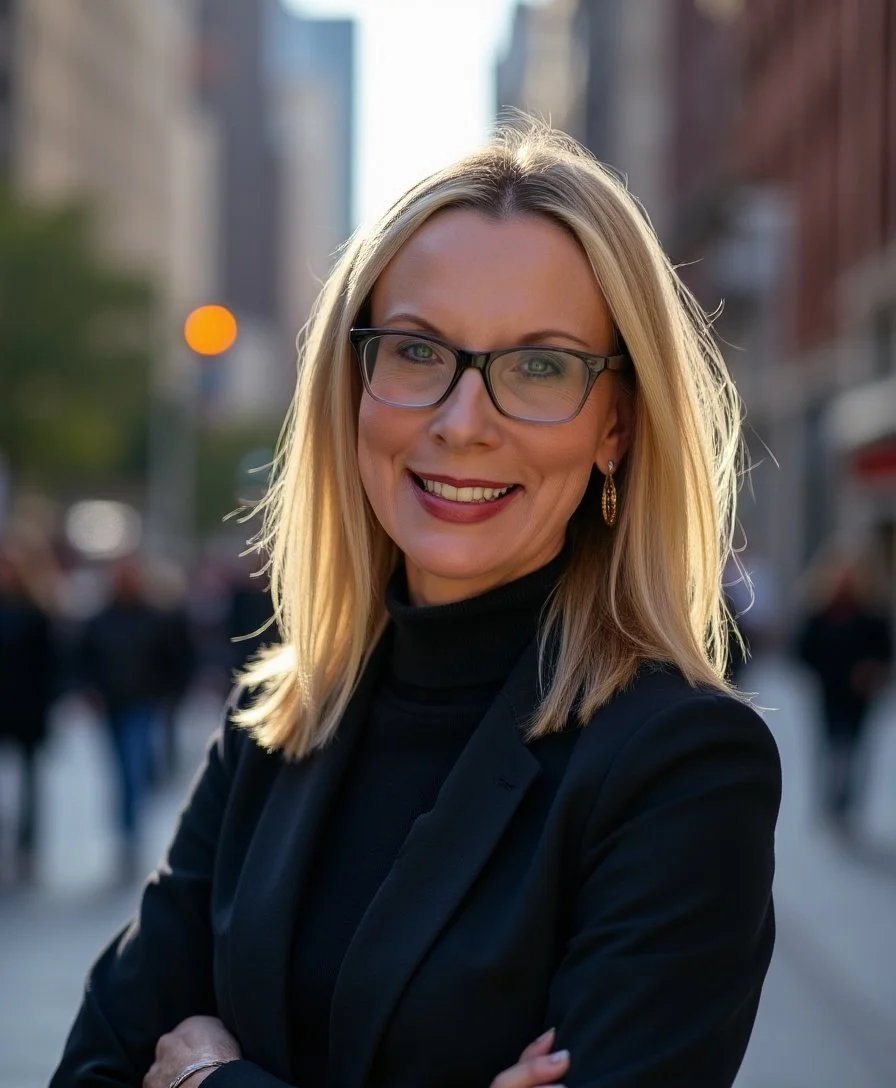 Portrait of a professional woman with blonde hair, glasses, and earrings, smiling with crossed arms, standing outdoors in an urban setting.