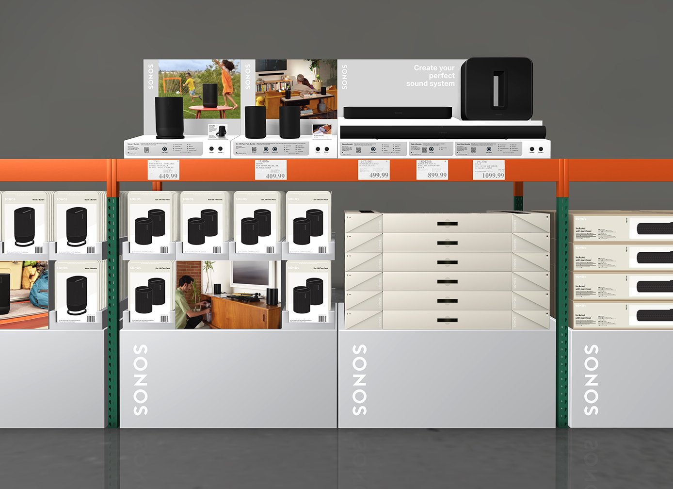 Display of Sonos speakers and sound system components on store shelves.