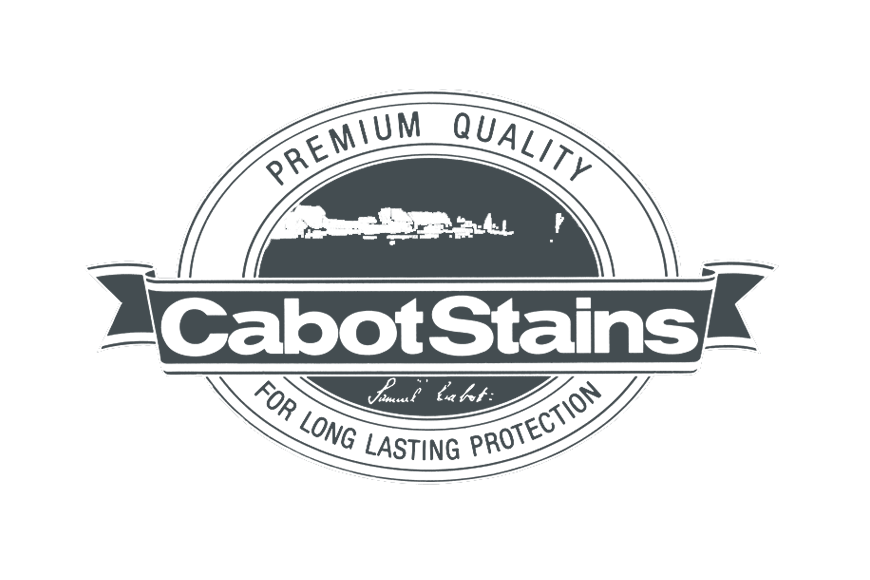 A logo for Cabot Stains featuring the brand name in bold letters, with a circular design including a boat and water scene, and text indicating it is premium quality and offers long-lasting protection.