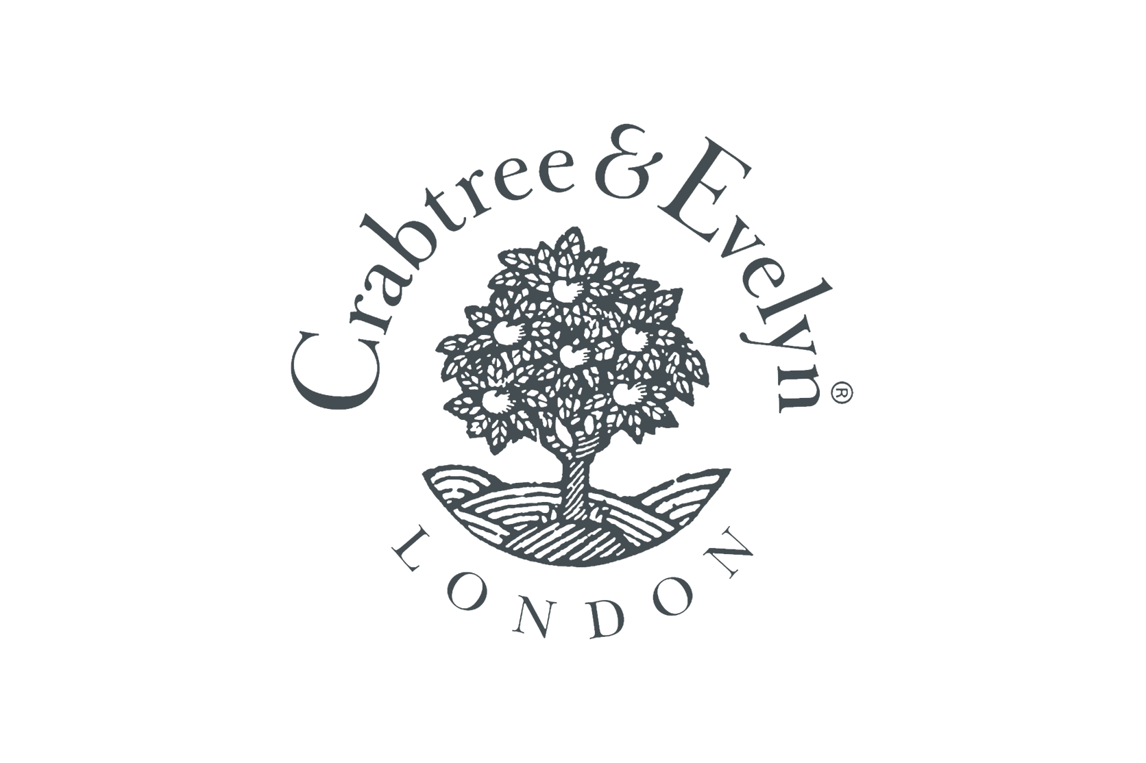 Black logo with a tree illustration surrounded by the text 'Crabtree & Evelyn London'.