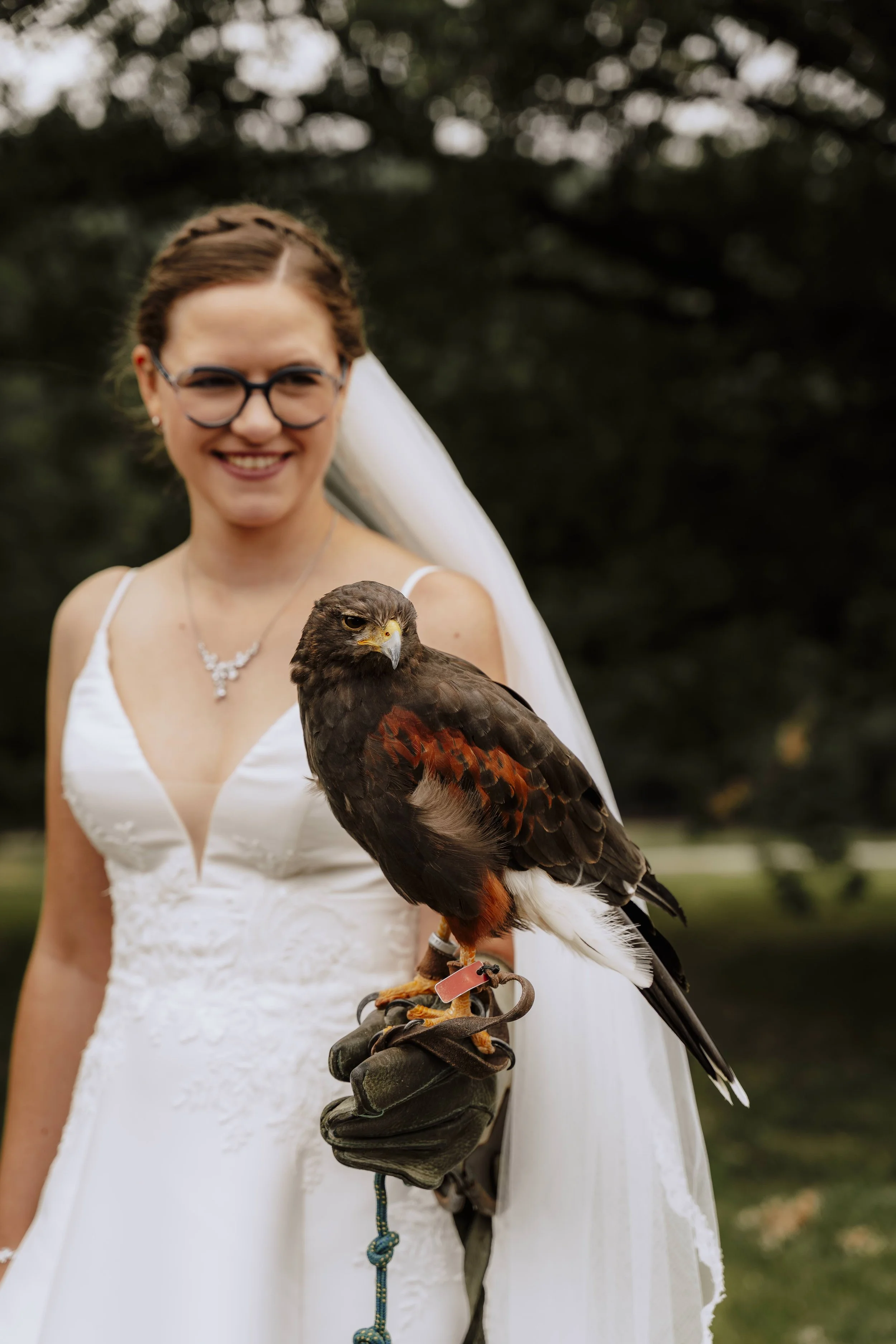 Braut hält einen Wüstenbussard (Falknerei) auf dem Handschuh, lächelnd im Brautkleid – außergewöhnliches Hochzeitsfoto mit Greifvogel