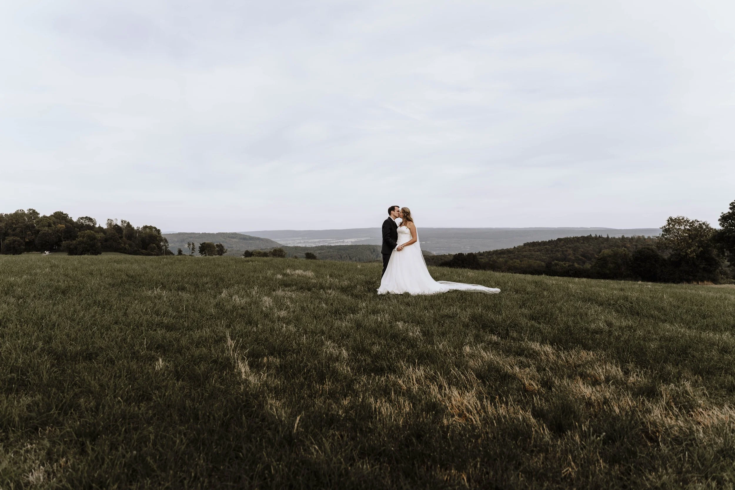 Paar im Hochzeitskleid und Anzug küsst sich auf einer grasbewachsenen Wiese mit Hügeln und Bäumen im Hintergrund, bewölkter Himmel.