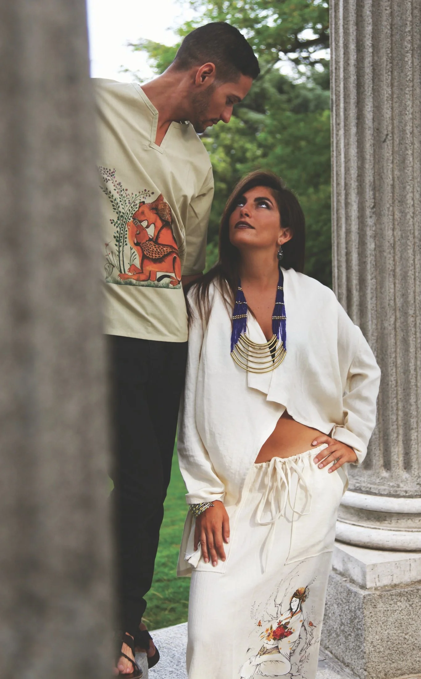 Zara Saberi — Cotton garment from the Moda Persa collection featuring Persian-inspired hand painting, created and photographed in Madrid, Spain.