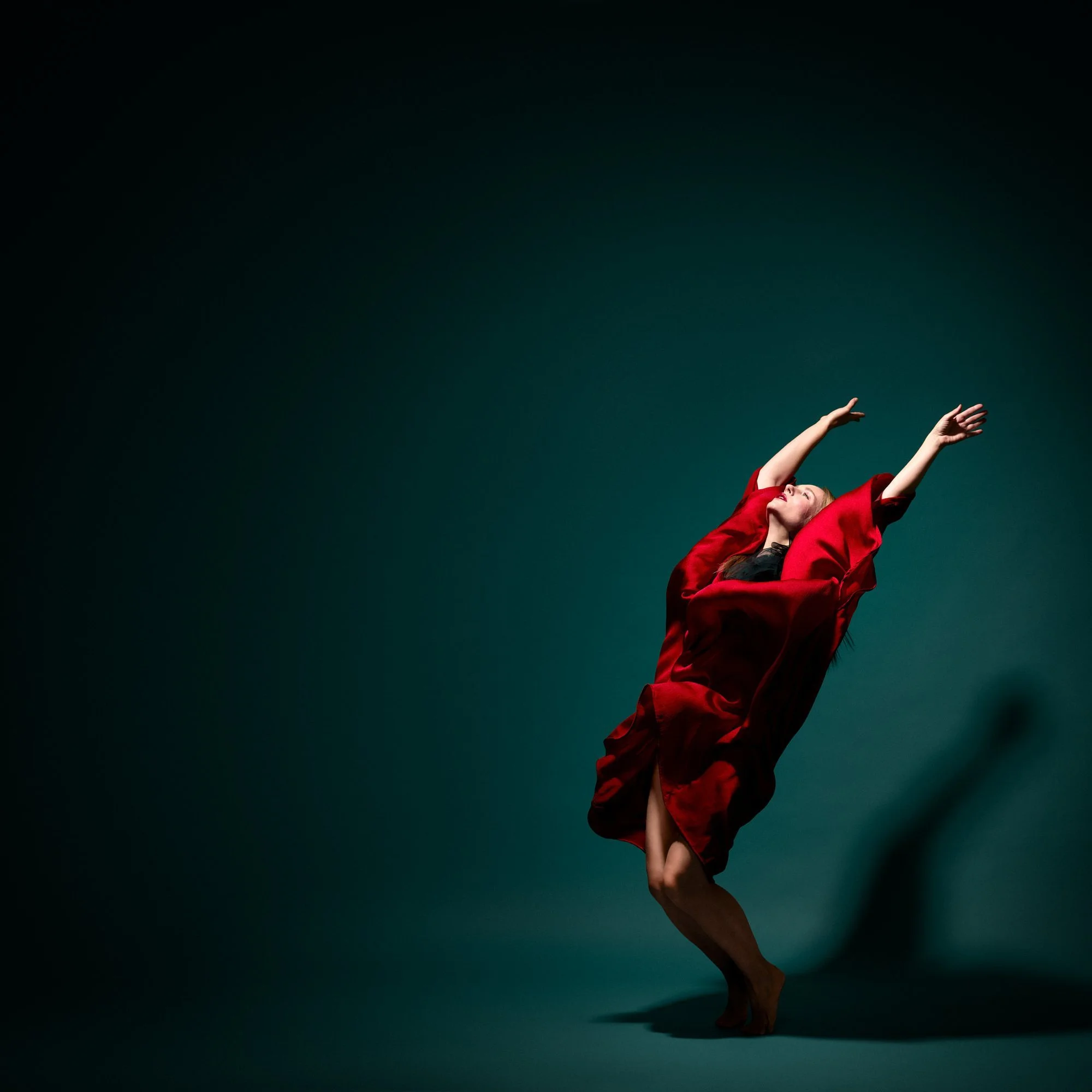 Zara Saberi — Sculptural red couture kaftan designed for fashion photography, photographed in Madrid, Spain.