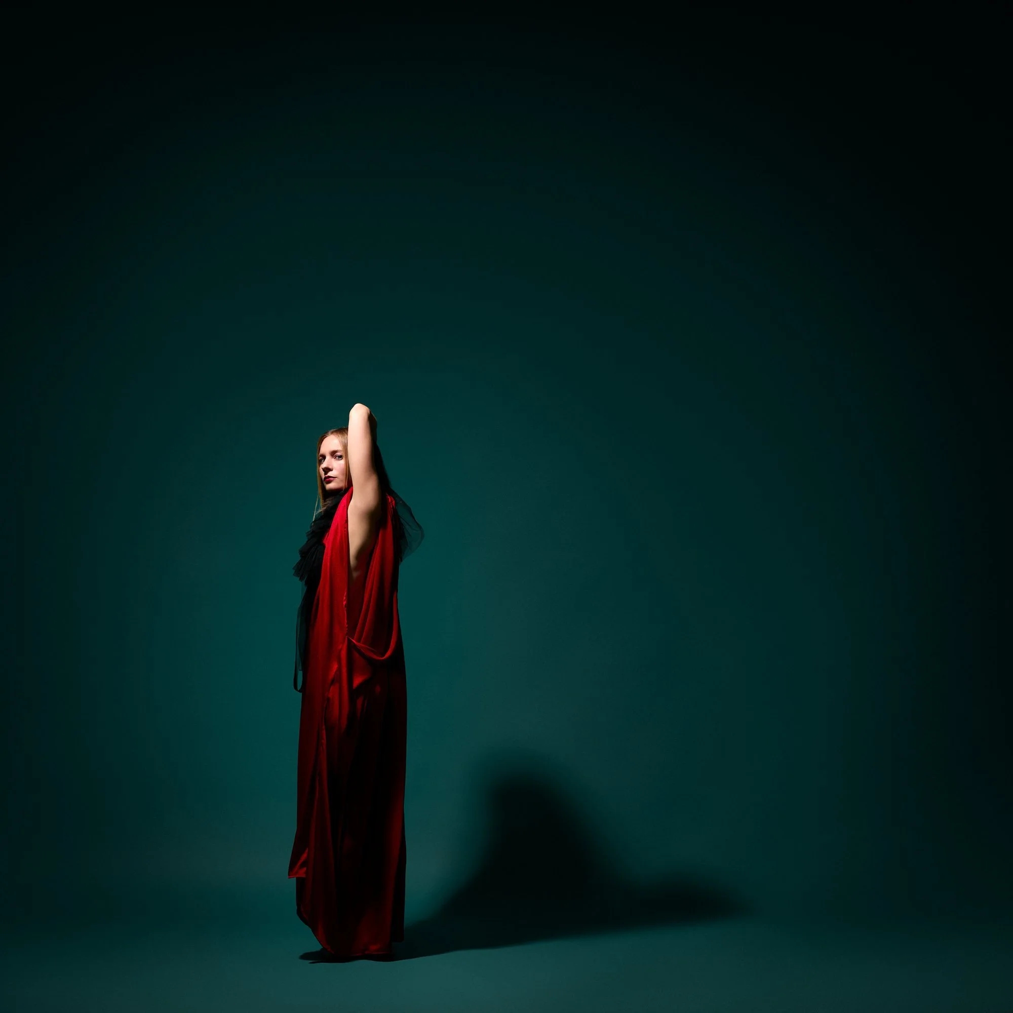 Zara Saberi — Contemporary red kaftan combining viscose and tulle, photographed in Madrid, Spain, 2019.