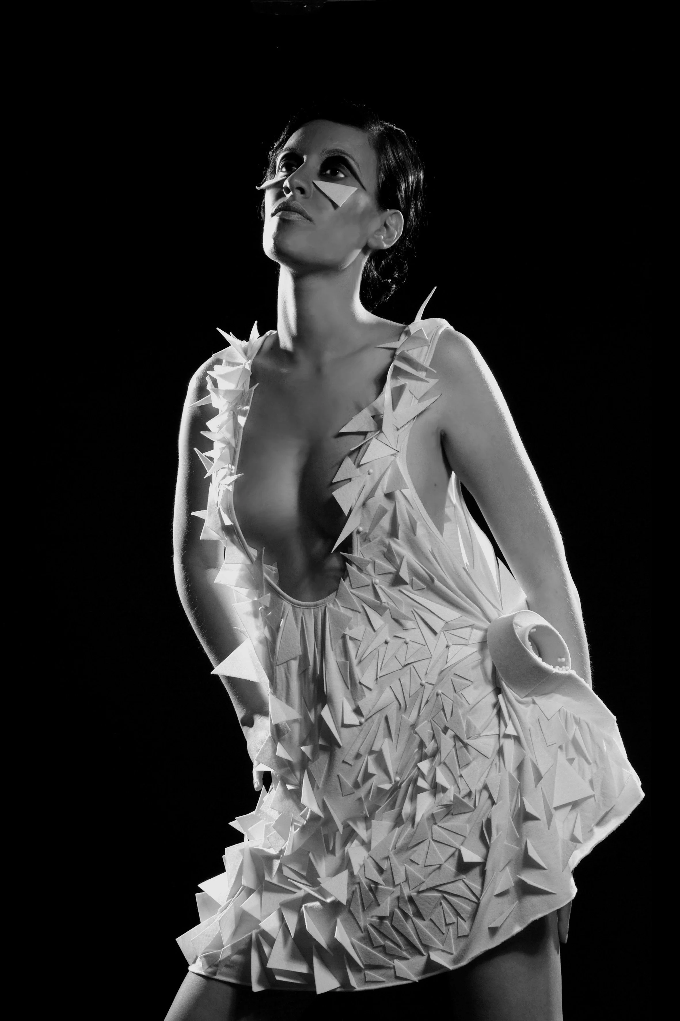 Zara Saberi — Conceptual garment from the Triangles project exploring structure through recycled tulle, stockings and textile waste, created in Italy.