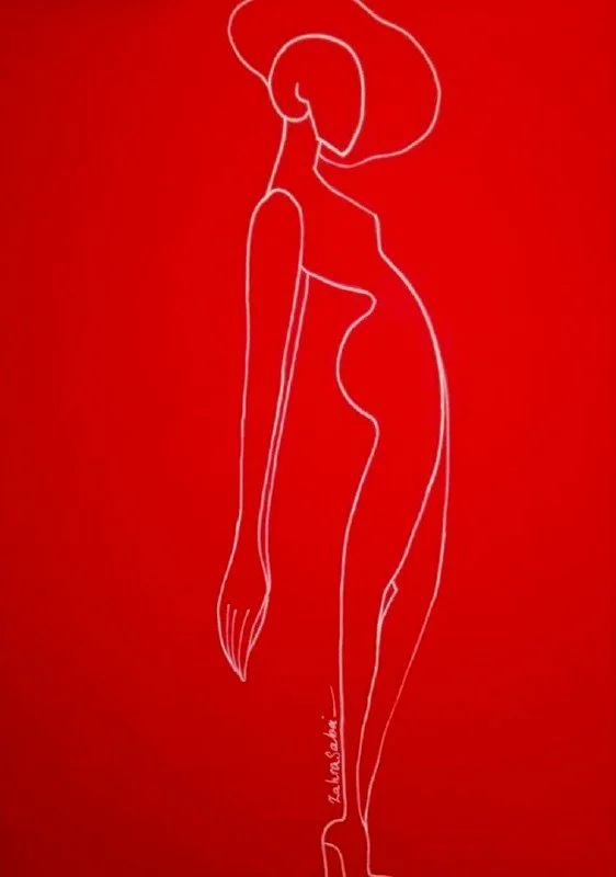 Minimalist line drawing of a woman with a hat on a red background.