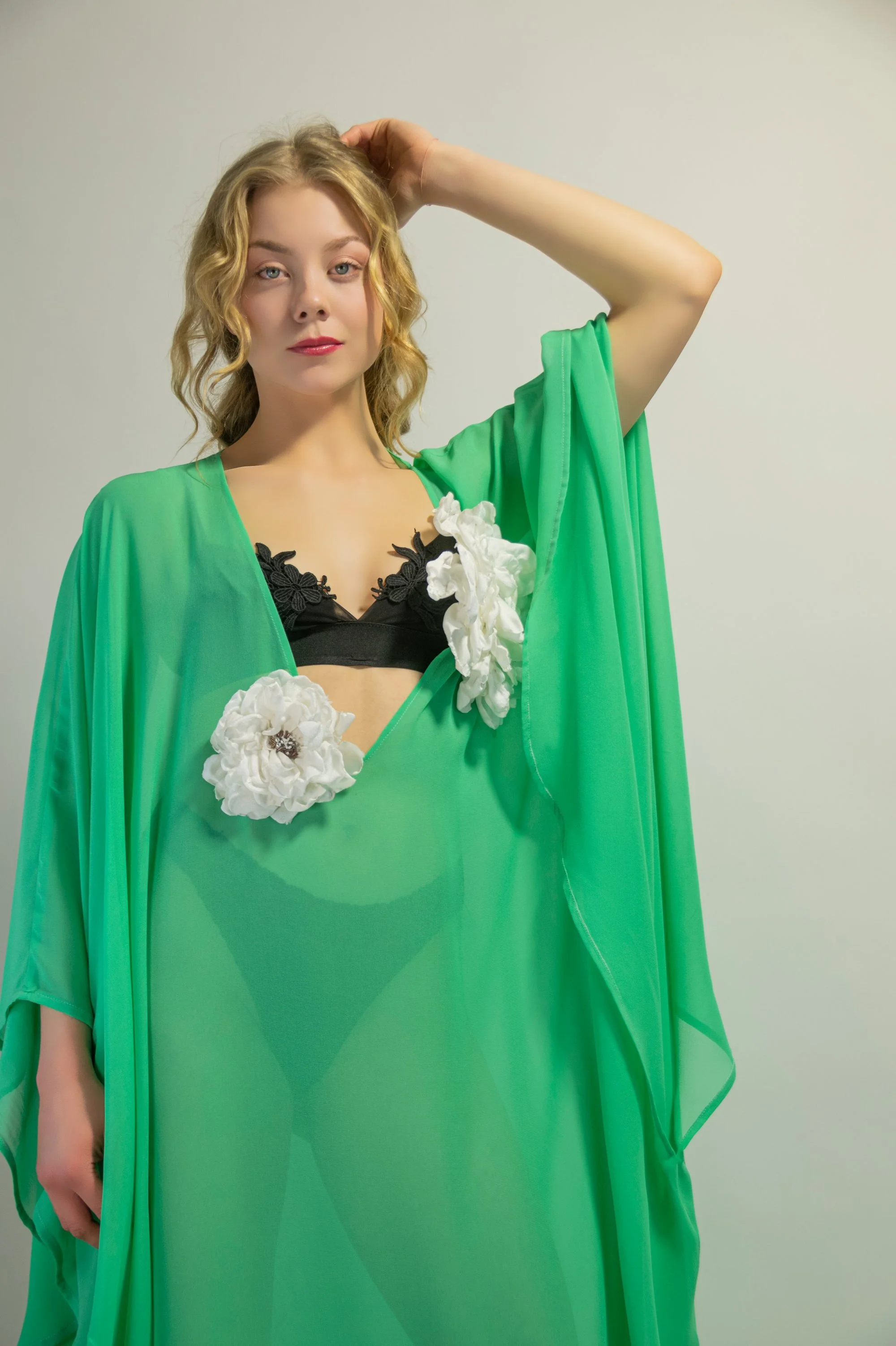 Zara Saberi — editorial portrait of a delicate sheer kaftan in light green-blue tones — Me and Transparency collection, Sweden