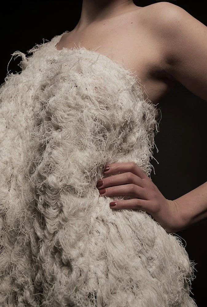 Close-up of handcrafted textile details from the Liberta collection by Zara Saberi.
