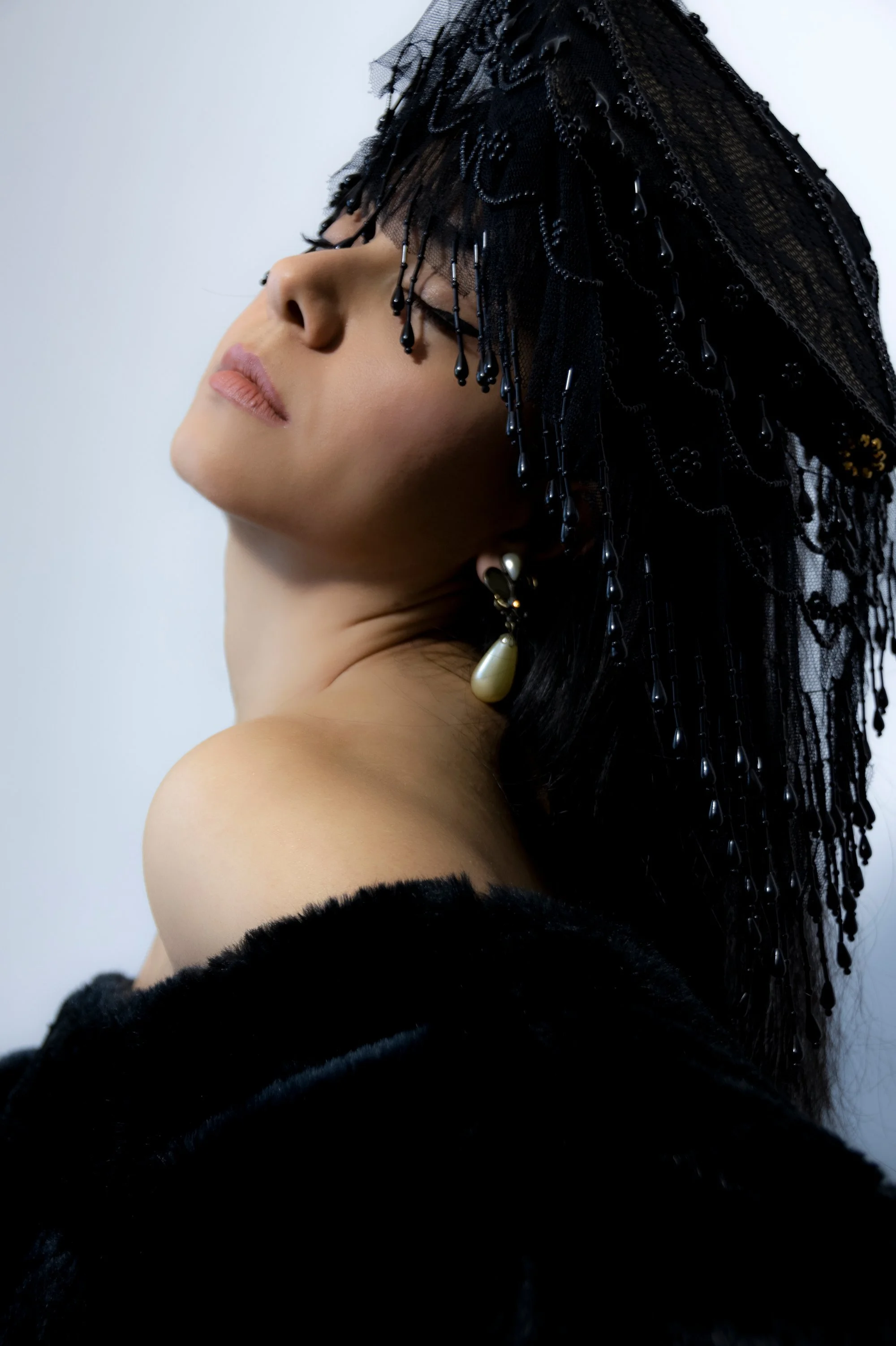 Zara Saberi — handmade tulle and guipure headpiece, close-up portrait — Me and Transparency collection, Sweden