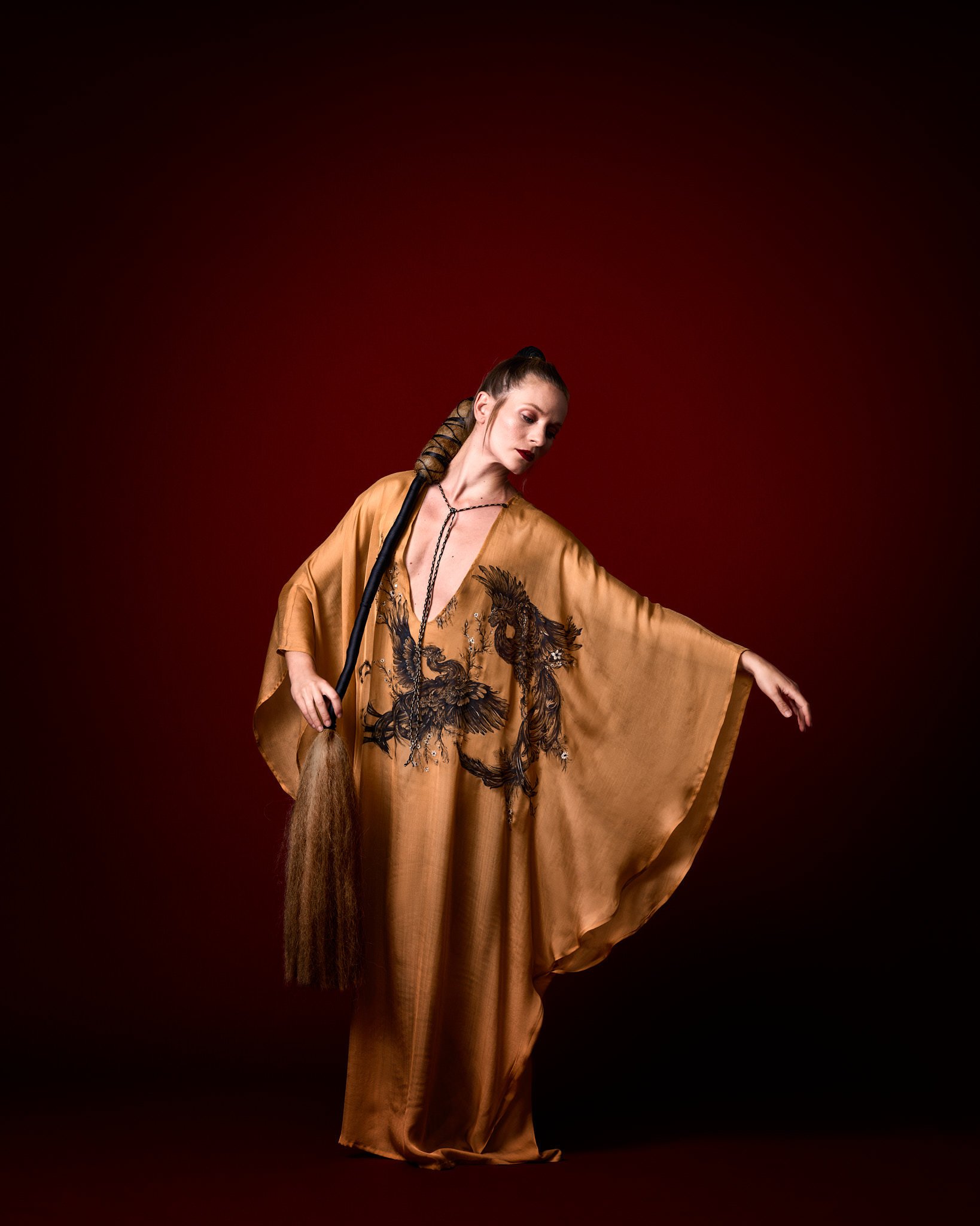 Zara Saberi — Gold couture kaftan inspired by Persian miniature painting, handcrafted on Italian silk and photographed in Madrid, Spain.