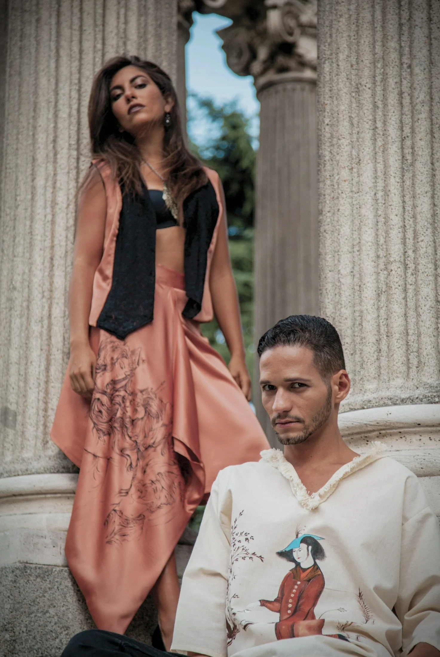 Zara Saberi — Silk garment from the Moda Persa collection featuring hand-painted Persian-inspired artwork, created and photographed in Madrid, Spain.