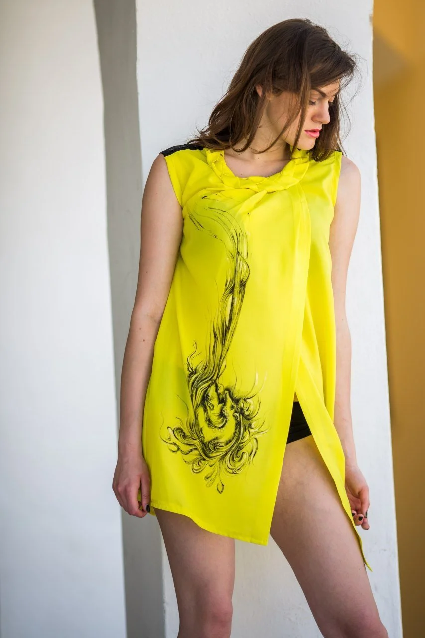 Zara Saberi — Textile composition from the Moda Persa collection combining painting and fashion, created and photographed in Rome, Italy.