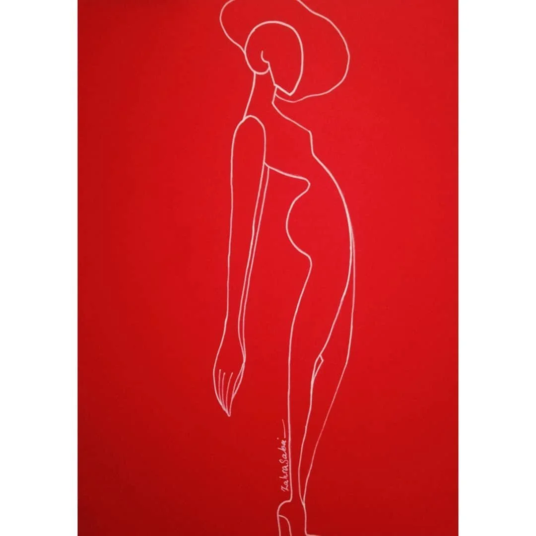 Line drawing of a pregnant woman with a hat on a red background.