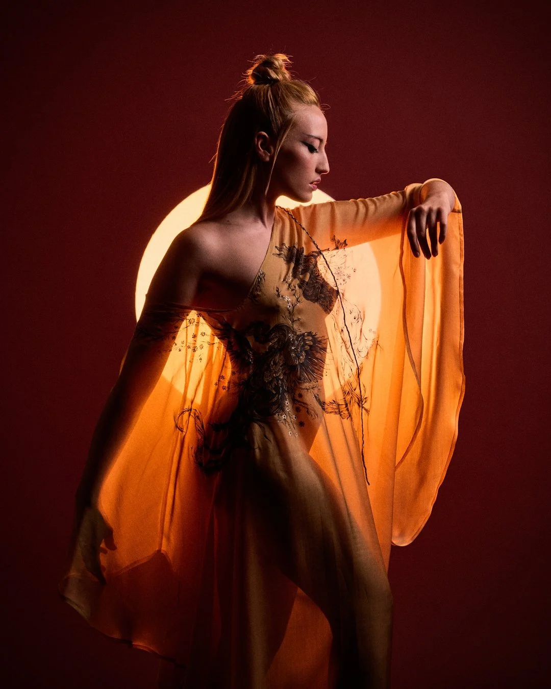 Zara Saberi — Kaftan Edit Gold, Italian silk and hand-painted Persian miniatures, photographed by Manuel Fiestas in Madrid