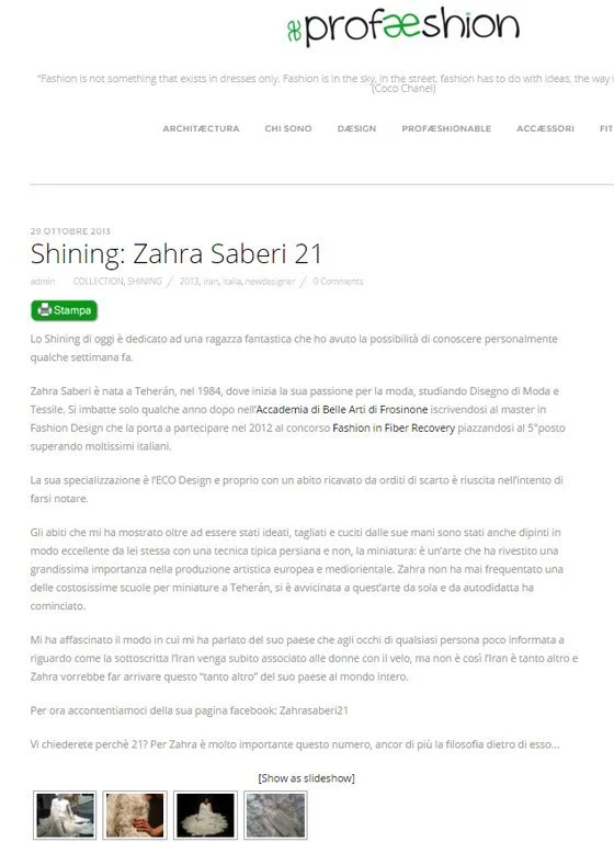 Screenshot of a fashion blog page featuring Zahra Saberi's 21st birthday celebration, with text in Italian describing her background, career, and accomplishments in fashion design.