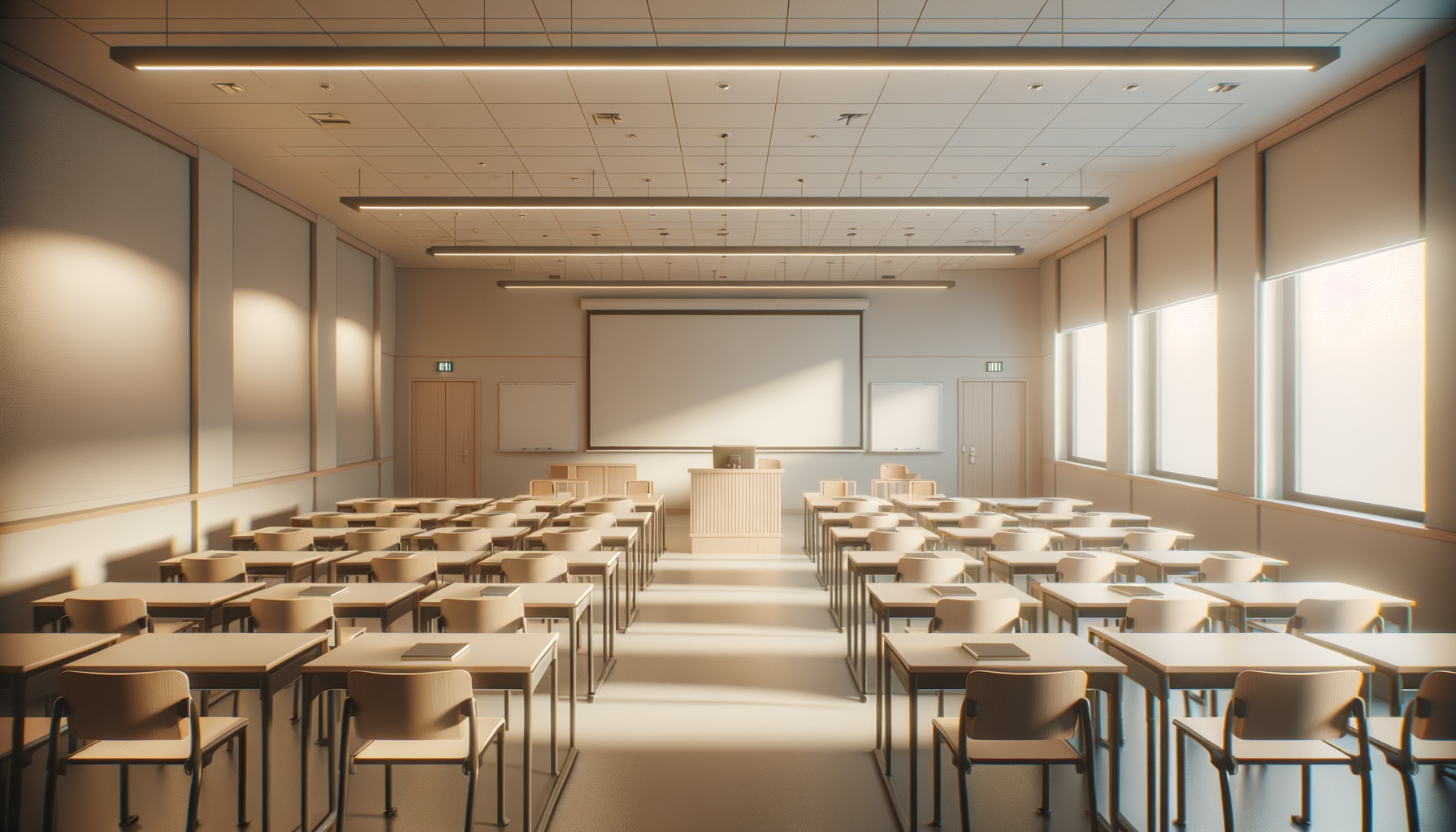 Empty classroom with rows of desks and chairs, a podium at the front, a large projection screen, whiteboard, large windows on the side, and overhead lighting.