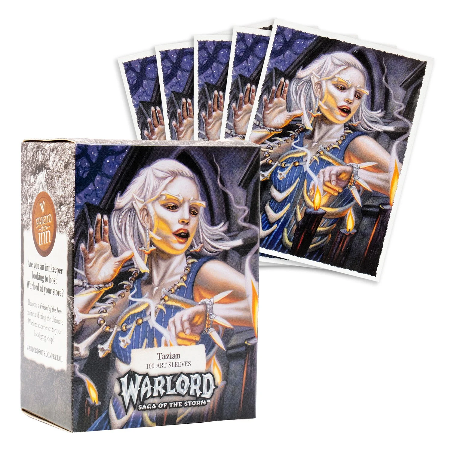 Box of Warlord: Saga of the Storm art sleeves featuring an elf with white hair, pointed ears, and fantasy-themed jewelry, holding a sword and standing in a dark, mystical setting.