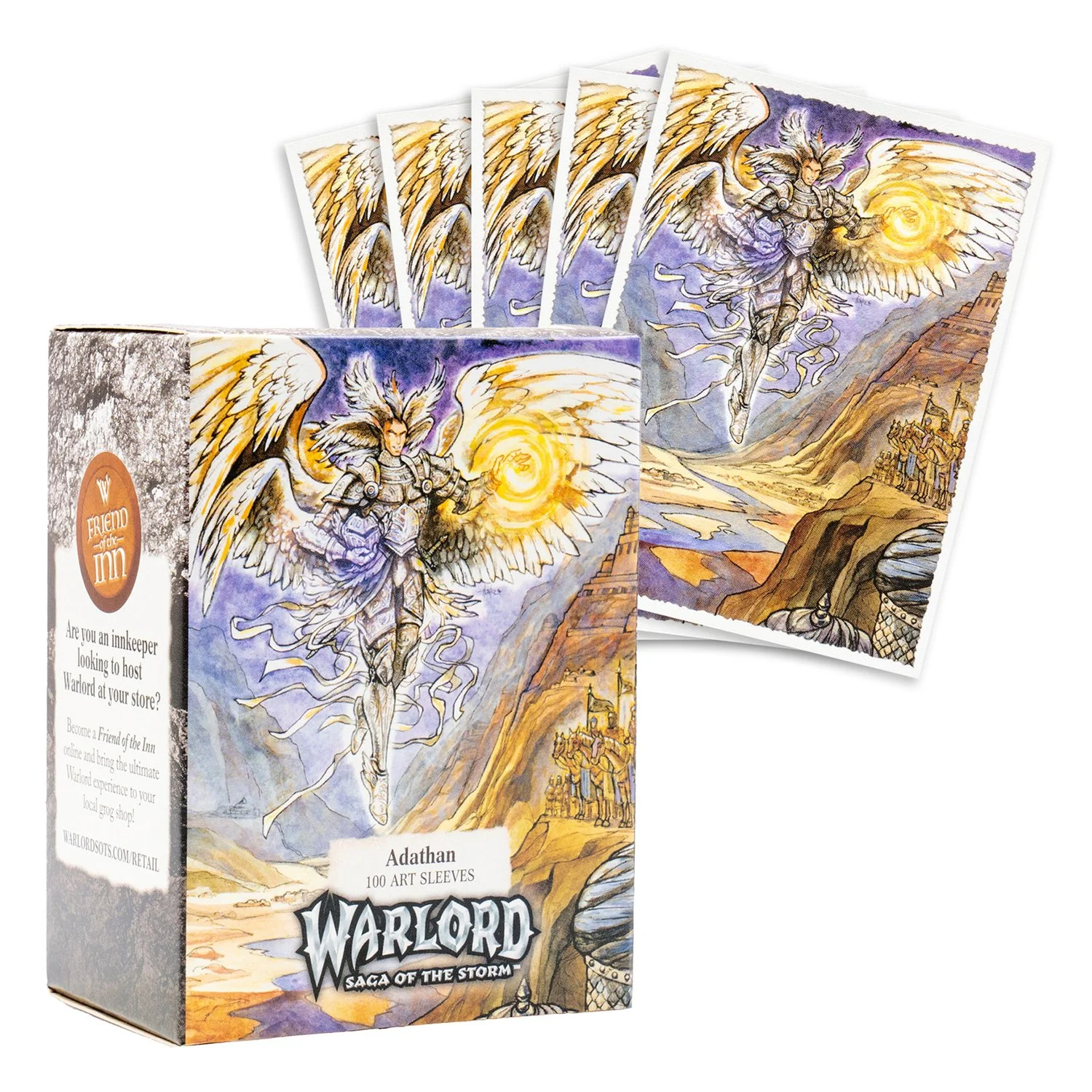 Box of Warlord: Saga of the Storm art sleeves featuring an armored winged warrior casting a spell, with a mountainous landscape and a castle in the background.