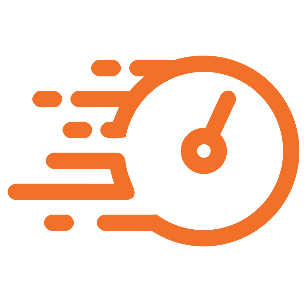 An orange icon of a fast-moving clock with motion lines, representing rush services.