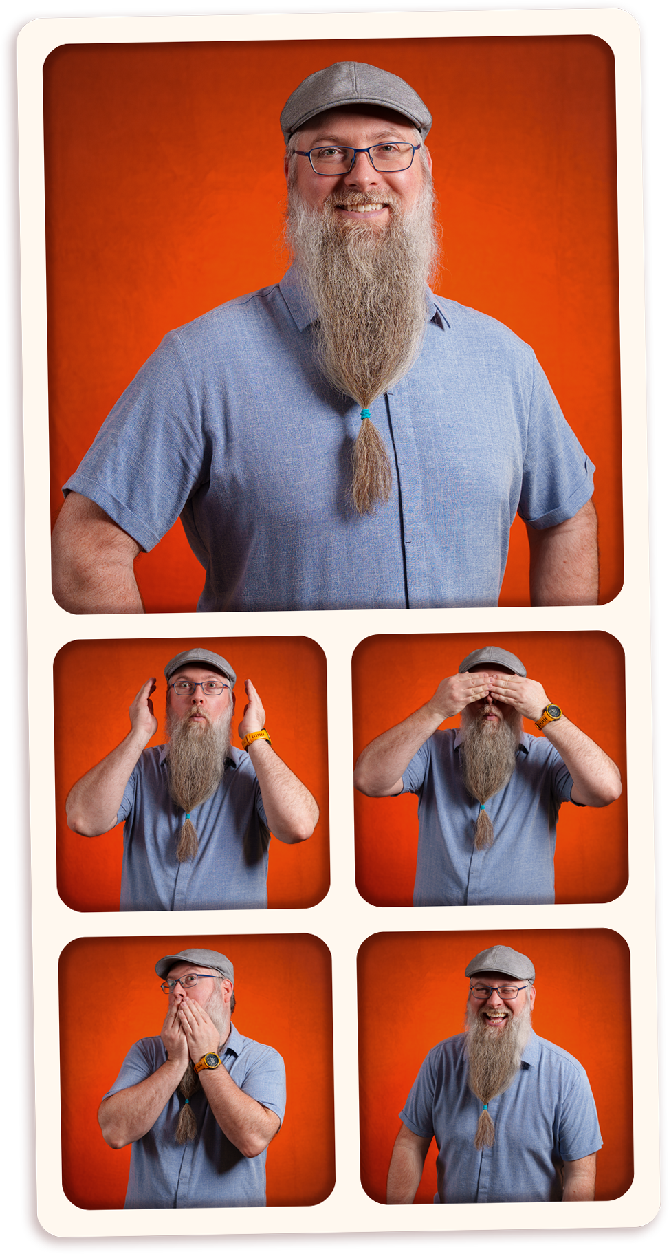 A collage of five images of the photographer, with a long beard, glasses, and a gray cap, wearing a light blue shirt, depicting humorous expressions and gestures against an orange background.