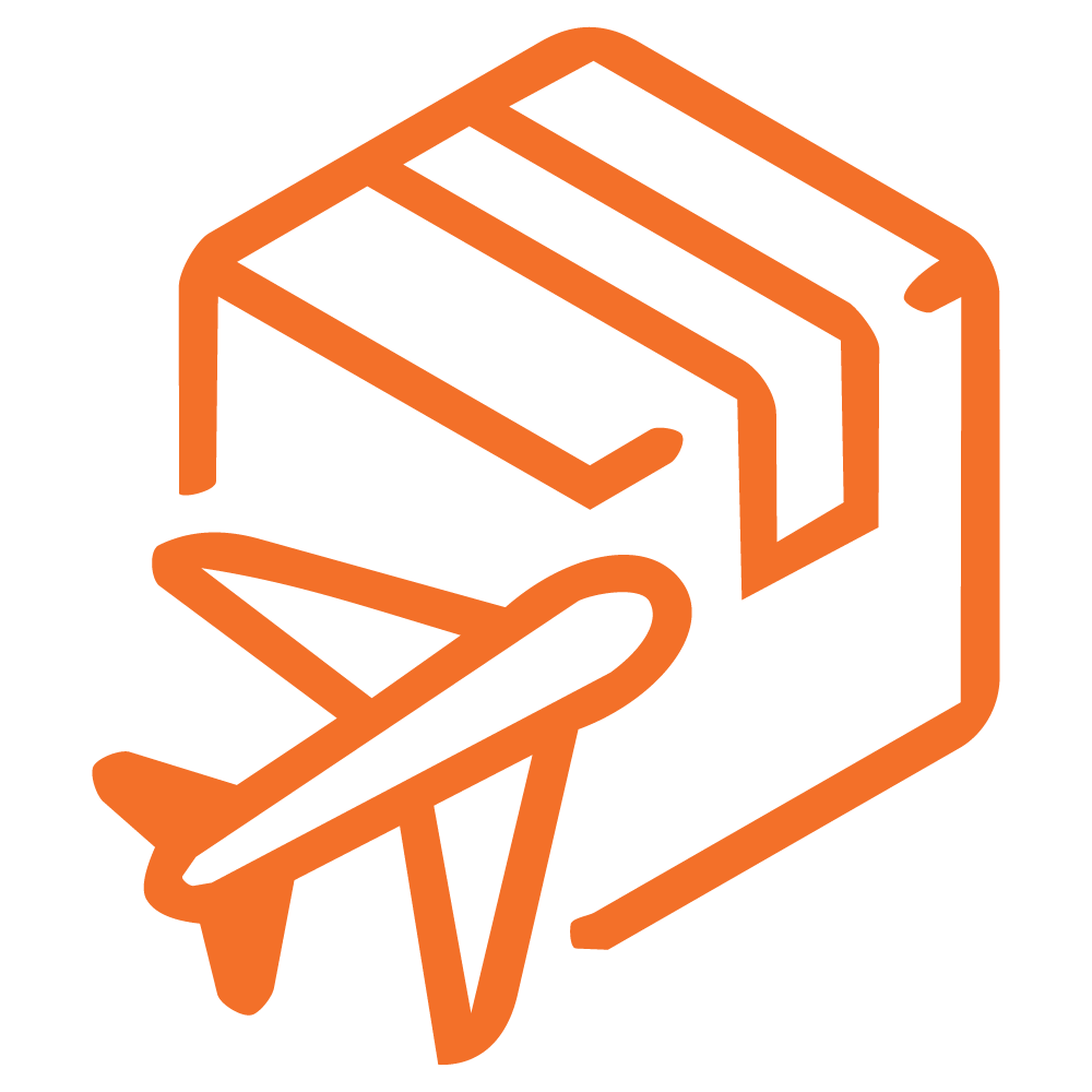Outline icon of a cardboard box with an airplane flying in front of it, symbolizing shipping.